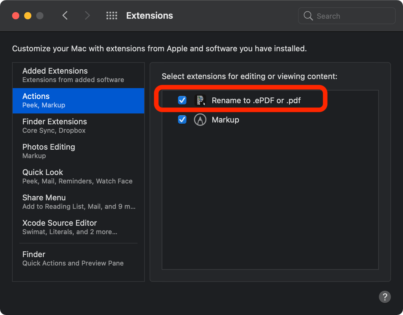System Preferences > Extensions: Actions